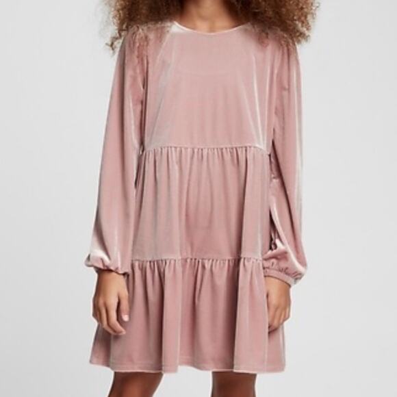 GAP Kids Velvet Dress XL Girls Tiered Antique Pink Peasant Long Sleeve Shift New - Picture 1 of 8